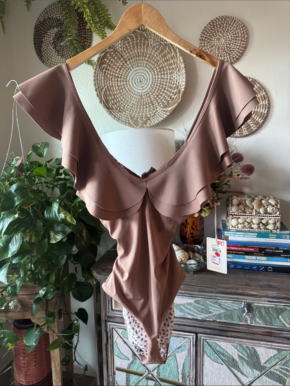 Boamar One-Piece Tan Ruffle Top Reversible One-Piece Swimsuit Women’s Large